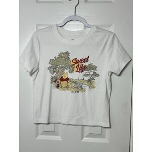 Disney Winnie The Pooh White Cropped Embroidered T-Shirt Juniors Size Large